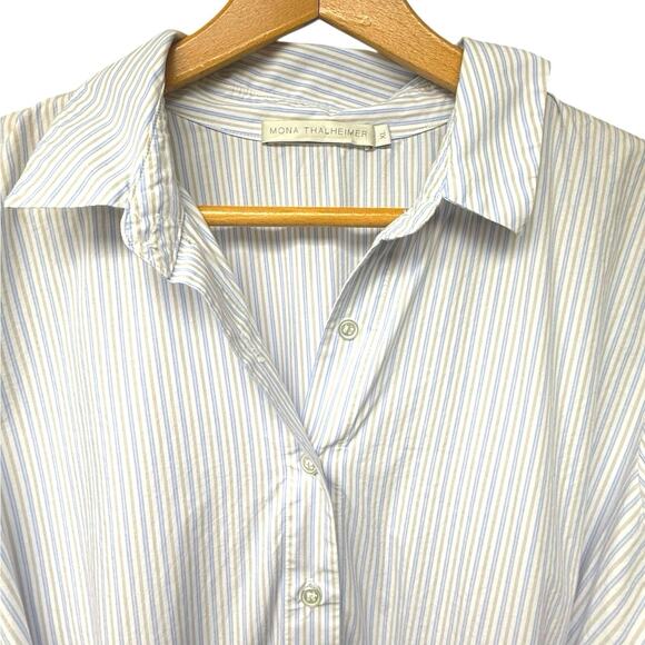 Mona Thalheimer Midi Shirt Dress Size XL White Blue Beige Stripe Button Up - Picture 2 of 5